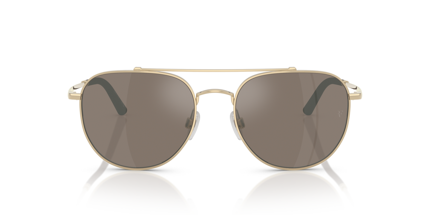 Sie Oliver Peoples R-10 mit Gold Gestell und Braun Gläsern - Bild RF Gläser-Logo