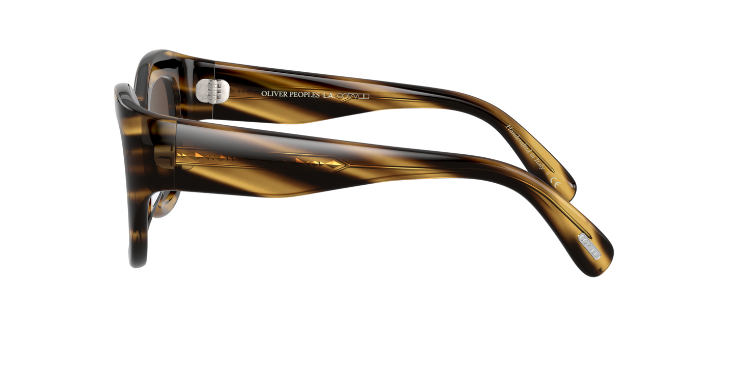 Sie Oliver Peoples Lalit mit Cocobolo Gestell und Braun Gläsern - Bild Bügel